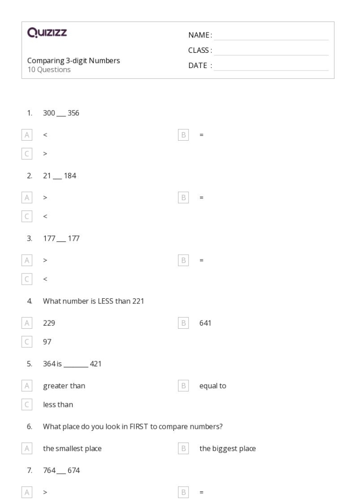 Quick check-in activity for evaluating student comprehension of three digit number comparisons in elementary mathematics Second grade students comparing three digit numbers with greater than less than and equal to symbols on a math assessment worksheet