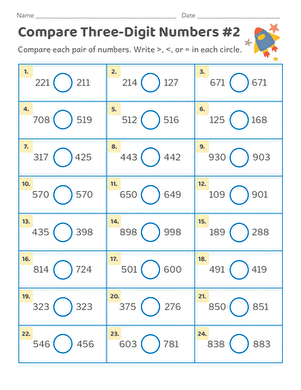 Quick assessment activity for evaluating student understanding of comparing three-digit values Second grade math worksheet showing comparison problems with three-digit numbers using greater than less than and equal to symbols