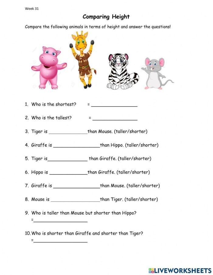 Worksheet featuring children comparing two objects in geometry, focusing on height, age, and weight