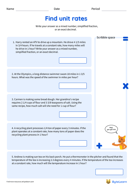 Comparing Unit Rates Word Problems Practice Sheet for Grade 6 Sixth grade students solving unit rate comparison problems from real world scenarios on a math worksheet