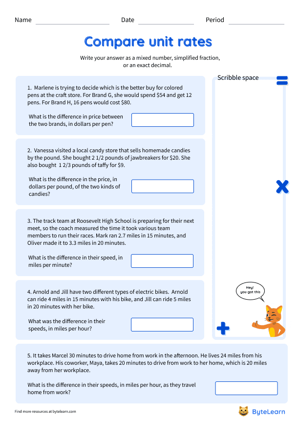 Comparing Unit Rates Word Problems Worksheet 18 Sixth grade math worksheet featuring real-world word problems to practice comparing unit rates