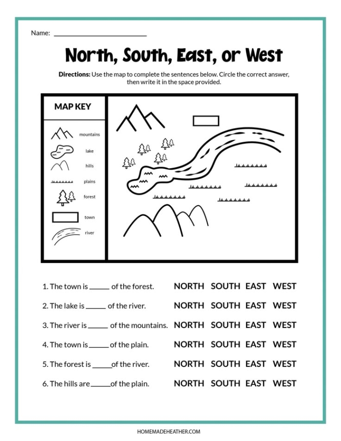 First grade worksheet showing a U.S. map and compass rose for practicing North South East and West directions 22