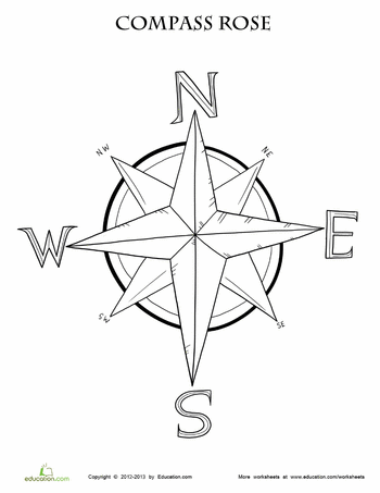 Compass rose coloring page worksheet for teaching directions to second graders