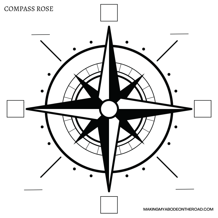 Compass rose coloring page for teaching basic compass directions to second graders