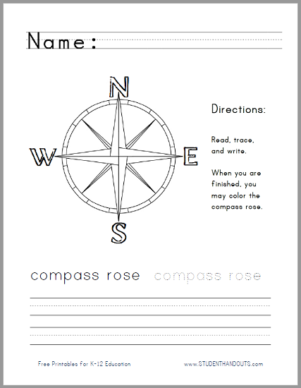 Coloring page featuring a compass rose to help second graders learn directions