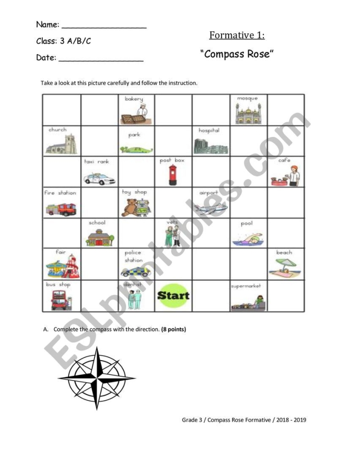 Fourth grade worksheet featuring a compass rose diagram for practice with cardinal and intermediate directions