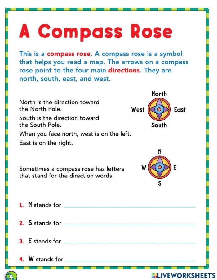 A fourth grade student studying a compass rose worksheet with cardinal and intermediate directions labeled on a map