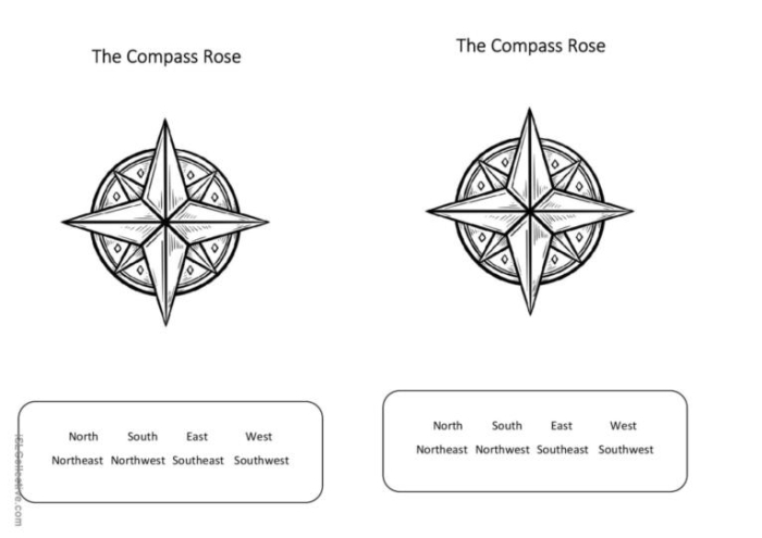 A fourth grade student using a compass rose to identify cardinal and intermediate directions on a map worksheet activity