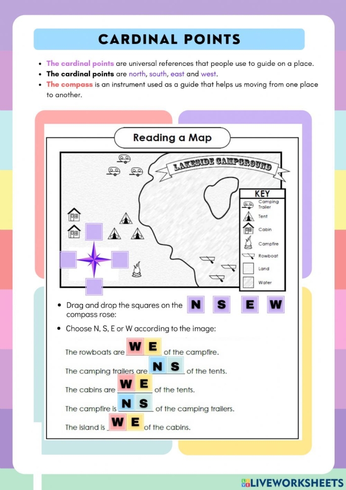 Compass rose diagram showing cardinal directions north south east west and intermediate directions northeast northwest southeast southwest on a fourth grade worksheet