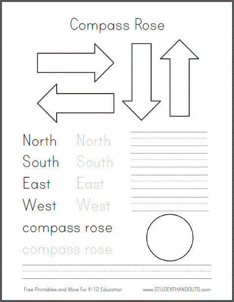 A fourth grade student learning to identify cardinal and intermediate directions using a compass rose on a map worksheet