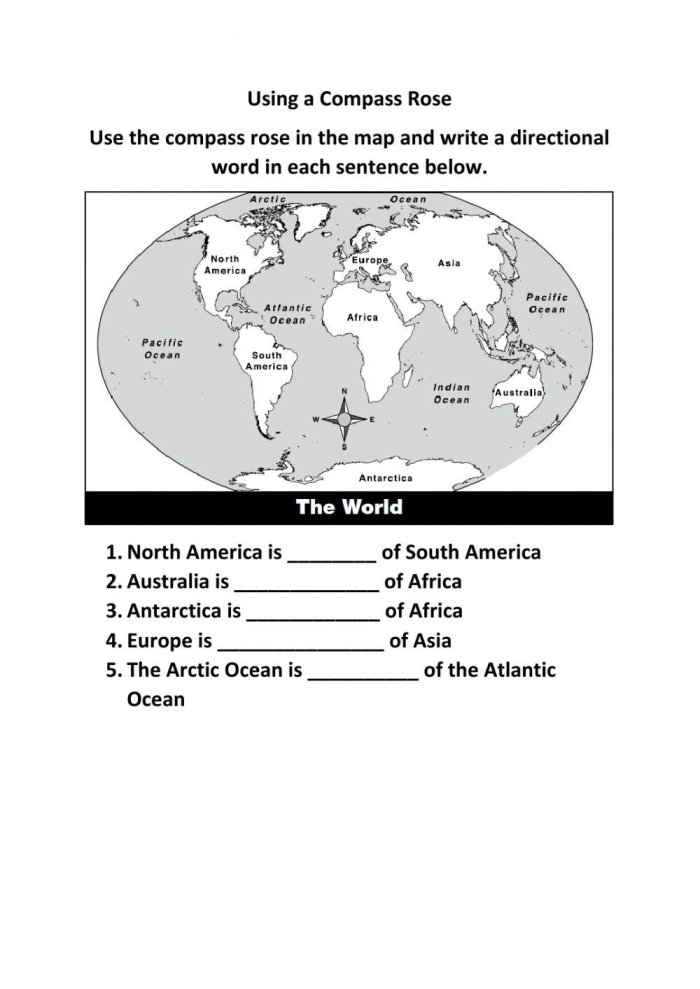 Fourth grade geography worksheet showing a compass rose diagram for practice