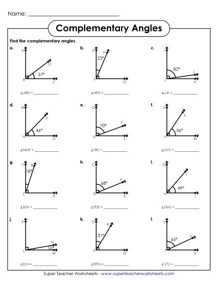 Seventh grade math worksheet featuring geometry problems about identifying and calculating complementary angles summing to 90 degrees