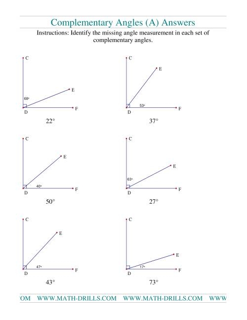 Seventh grade math worksheet featuring geometry problems to practice calculating complementary angles