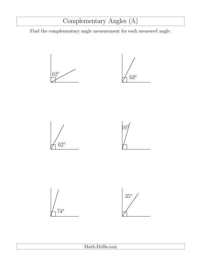 Seventh grade math worksheet featuring geometry problems to practice calculating complementary angles that total 90 degrees