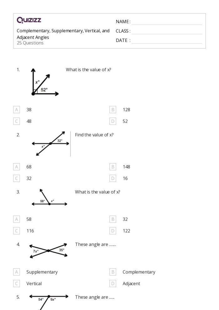 Seventh grade math worksheet featuring geometry problems to practice calculating complementary angles that total 90 degrees
