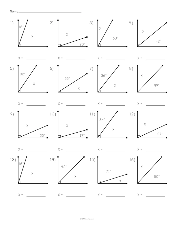Worksheet for practicing complementary angles in seventh grade math