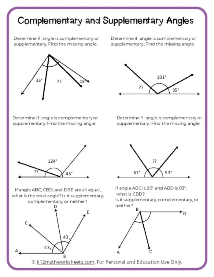 Worksheet featuring complementary angles for seventh graders