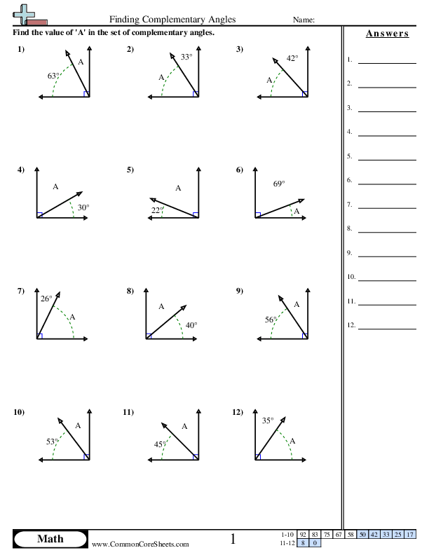Seventh grade student completing a math exercise on finding the sum of complementary angles