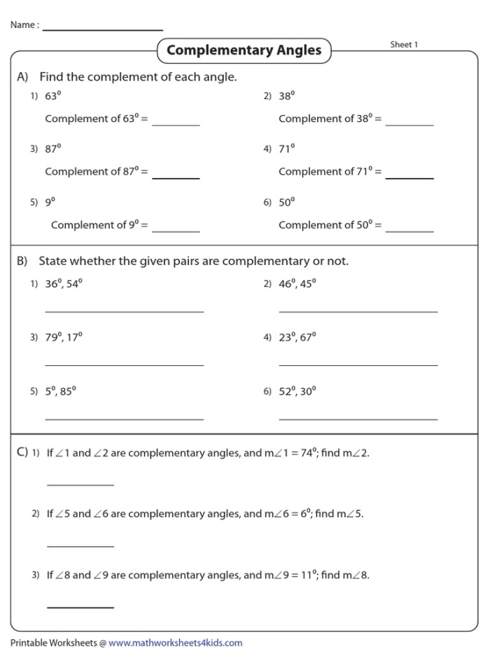 Worksheet for practicing complementary angles in seventh-grade math