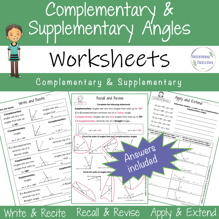 Worksheet on complementary angles for seventh graders learning about measurement