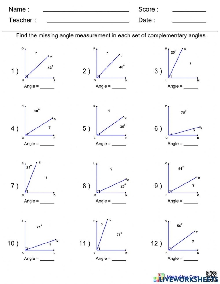 Worksheet for practicing complementary angles in a seventh-grade measurement lesson