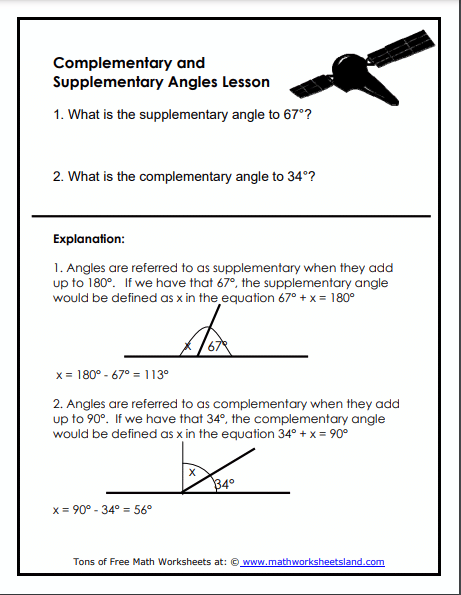 Worksheet featuring complementary angles for seventh graders