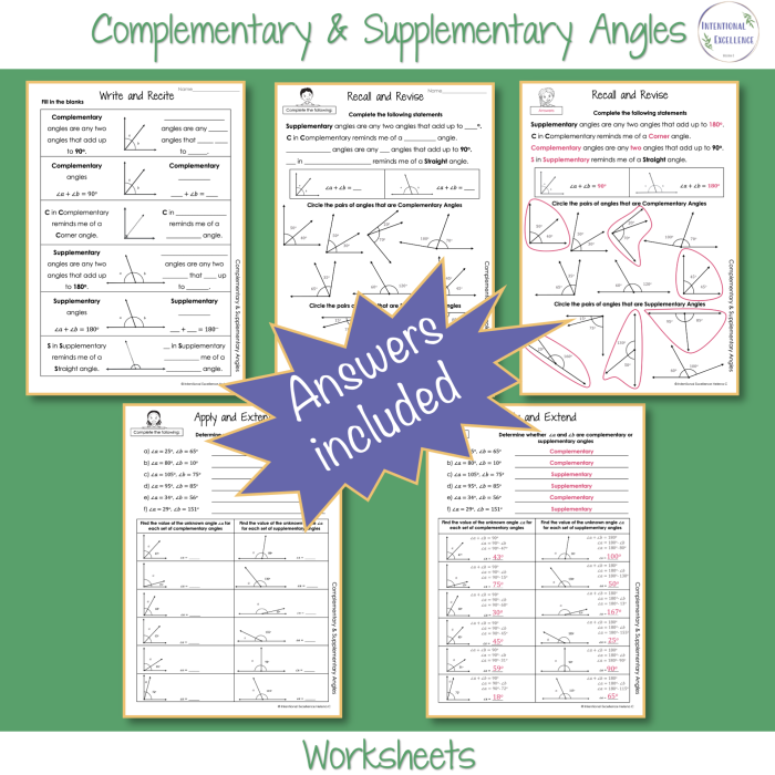 Seventh grade math worksheet featuring geometry problems about complementary and supplementary angles