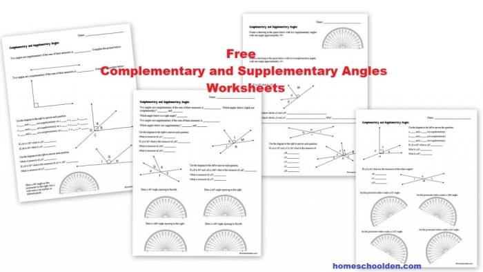 Worksheet featuring complementary and supplementary angles for seventh-grade students