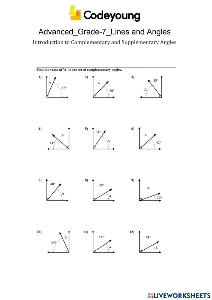 Seventh grade math worksheet explaining the difference between complementary and supplementary angles