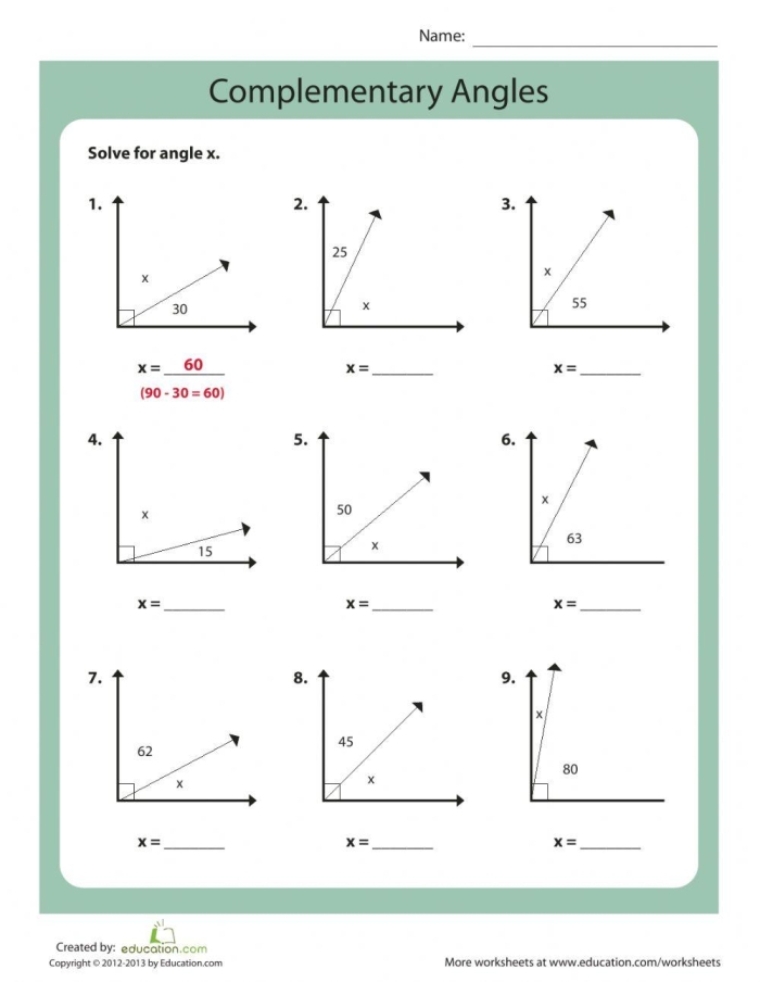 Seventh grade geometry worksheet featuring practice problems on complementary and supplementary angles