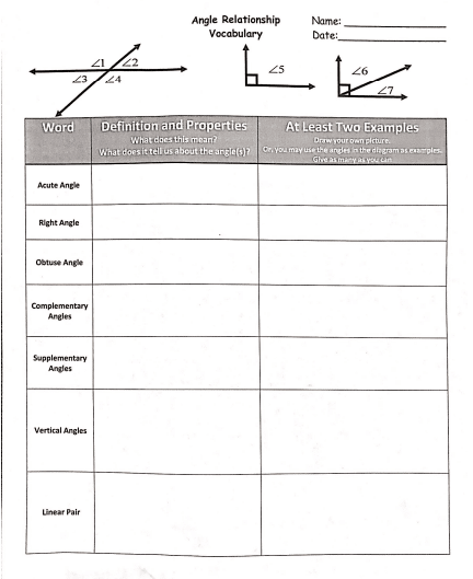 Worksheet illustrating complementary and supplementary angles for seventh graders