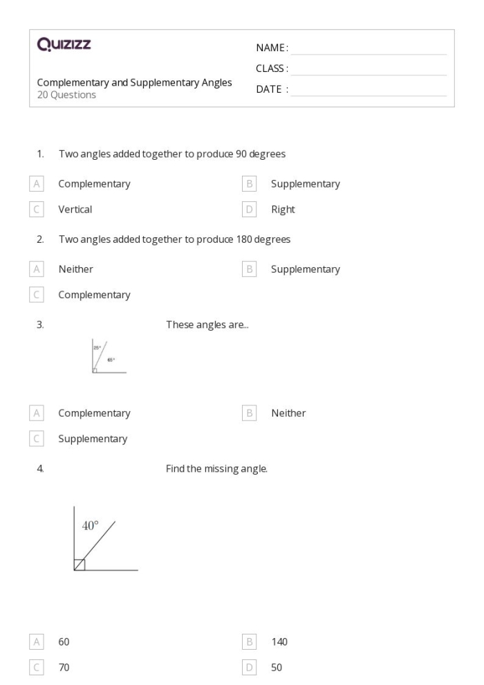 Seventh grade student practicing geometry problems on a complementary and supplementary angles worksheet