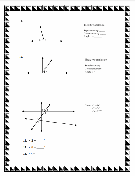 Seventh grade students practice calculating complementary and supplementary angles on a geometry worksheet