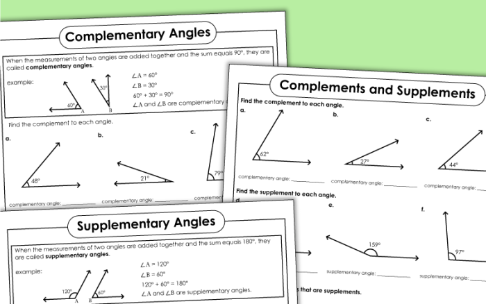 Worksheet featuring complementary and supplementary angles for seventh-grade geometry students