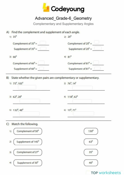 Worksheet illustrating complementary and supplementary angles for seventh graders