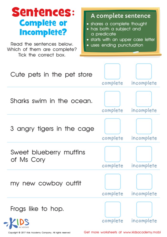 Is the Sentence Complete worksheet image 25 for teaching sentence structure fundamentals Third grade baseball-themed grammar worksheet showing complete and incomplete sentence examples for practice
