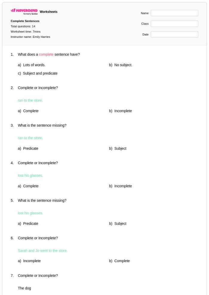 Is the Sentence Complete Grammar Practice Worksheet 14 Third grade baseball-themed worksheet showing practice exercises for identifying complete and incomplete sentences
