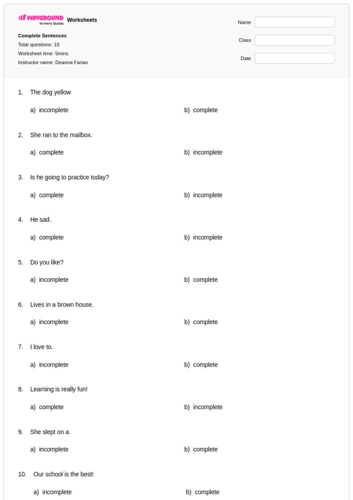 Is the Sentence Complete Worksheet Number 6 for Grade 3 Grammar Third grade baseball themed worksheet for identifying complete sentences and counting exercises