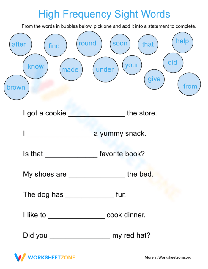 Worksheet featuring complete-the-sentence exercises focused on common sight words for kindergarten students