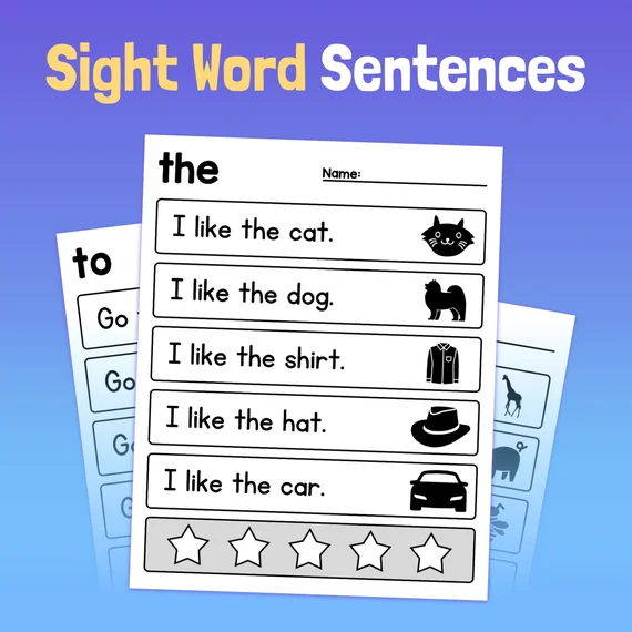 Complete the Sentence worksheet featuring common sight words for kindergarten students