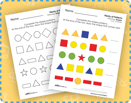 Colorful worksheet for Pre-K children to complete shape patterns in a fun geometry activity