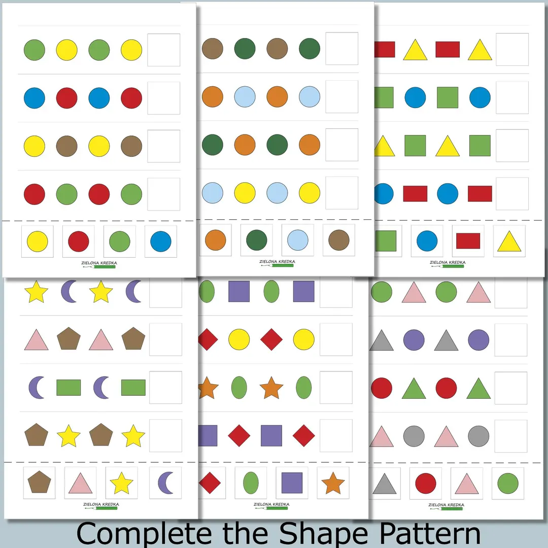 Colorful geometry worksheet for kids to complete shape patterns in Pre-K
