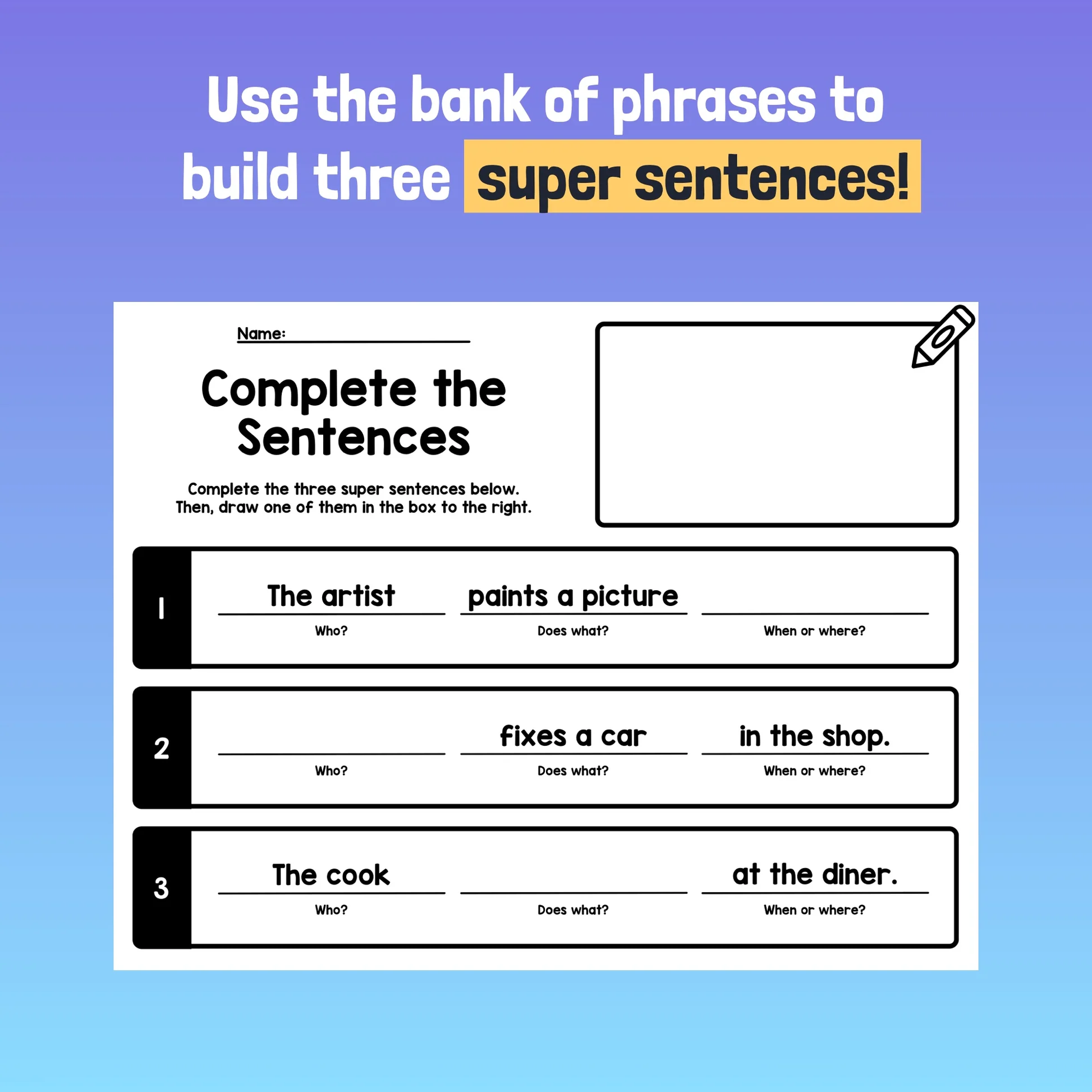Engaging activity for children to practice sentence completion and syllables Complete the Sentence worksheet for second graders focusing on nouns and verbs
