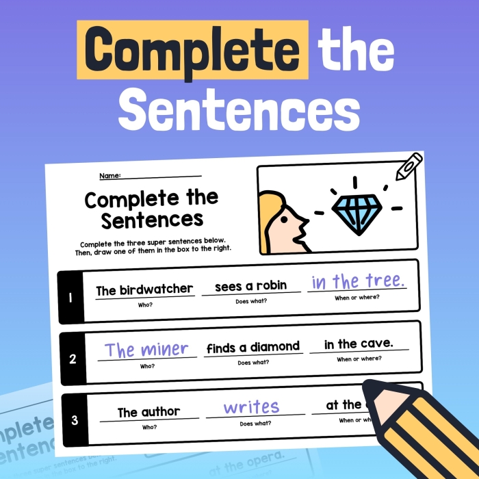 Fun sentence completion activity for 2nd grade syllable learning Complete the Sentence worksheet for second graders focusing on nouns and verbs