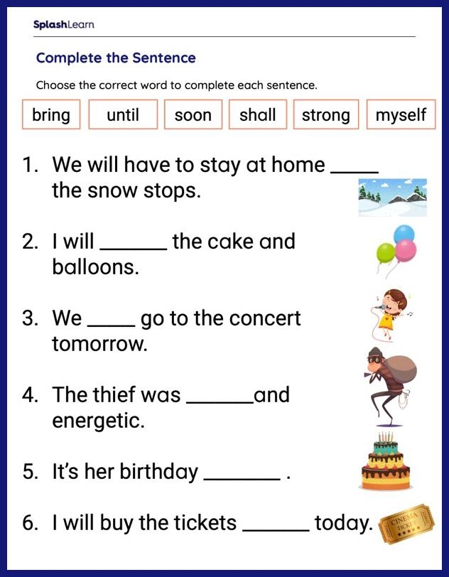 A kindergarten student filling in blank spaces on a sight word sentence practice sheet.