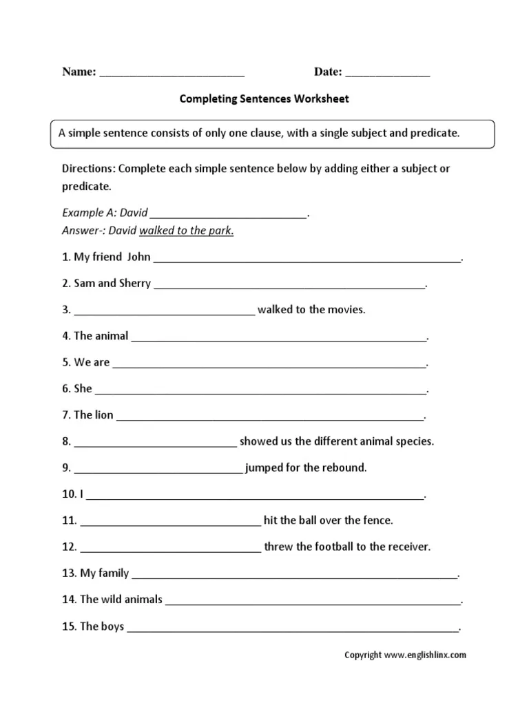 Engaging worksheet for kids to practice nouns and verbs in sentence completion Complete the Sentence worksheet designed for second graders focusing on syllables