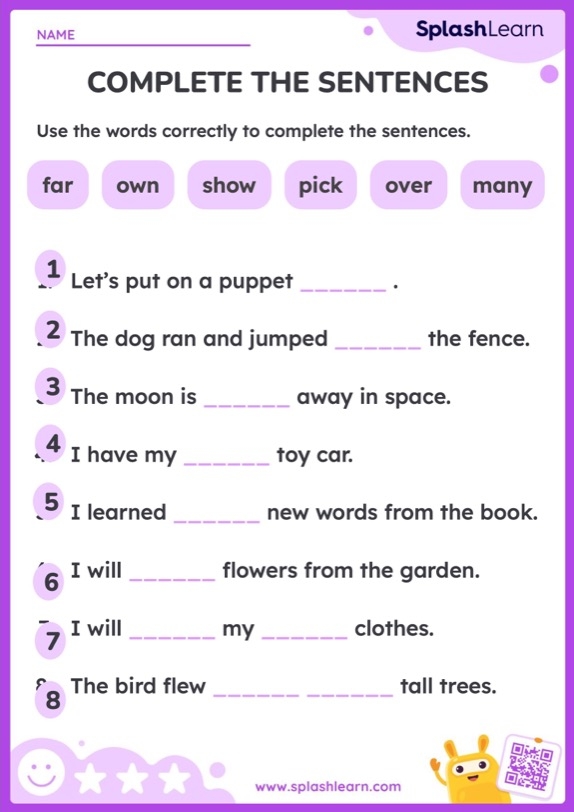 Kindergarten student completing a sentence by writing common sight words on a printed worksheet