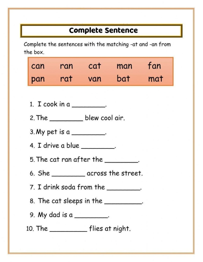 Engaging activity for children to practice nouns and verbs in their sentences Complete the Sentence worksheet for second graders focusing on syllables and basic sentence structure
