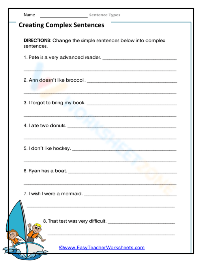 Grammar worksheet for practicing complex sentence structure for third grade learners Third grade student working on a complex sentences writing worksheet