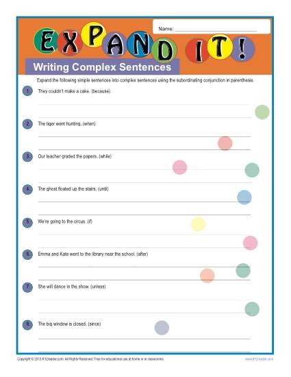 Write Complex Sentences Practice Activity for Elementary Students Third grade grammar worksheet showing exercises for combining simple sentences into complex sentences with subordinating conjunctions